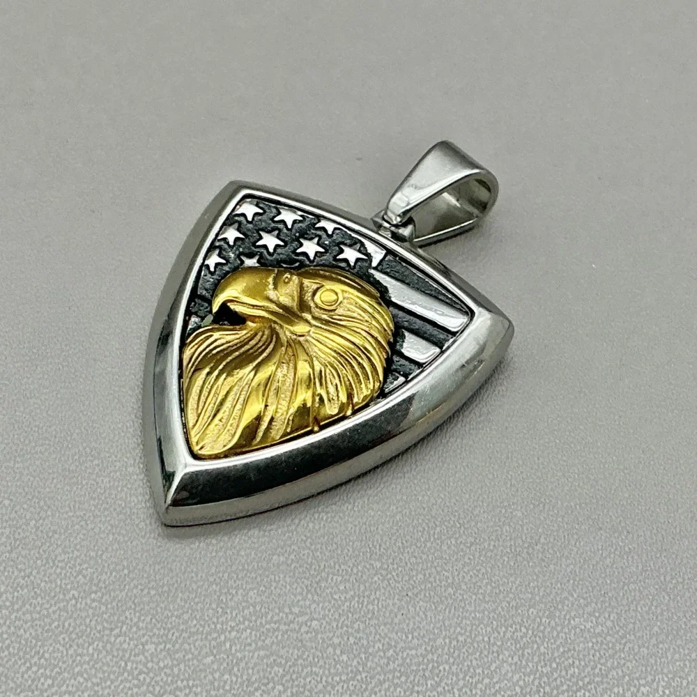 Stainless Steel Bald Eagle American Flag Shield Pendant Gold Tone Patriotic